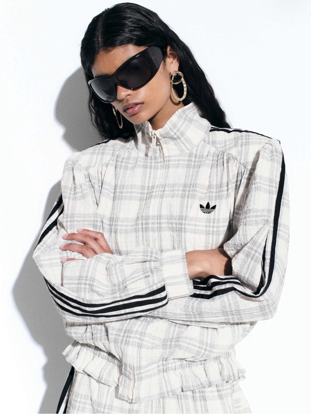 adidas Women’s Cream Plaid Track Jacket with Black Stripes